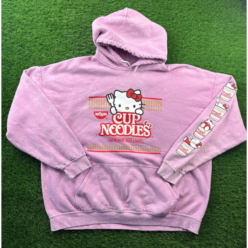 Hello Kitty Nissin Cup Noodles Hoodie Pink Mineral Wash Sweatshirt Sanrio XL